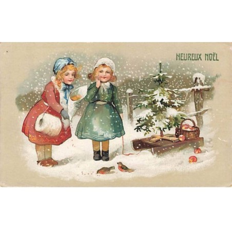 n°25578 - Heureux Noël - Fillettes donnant à manger à des Oiseaux