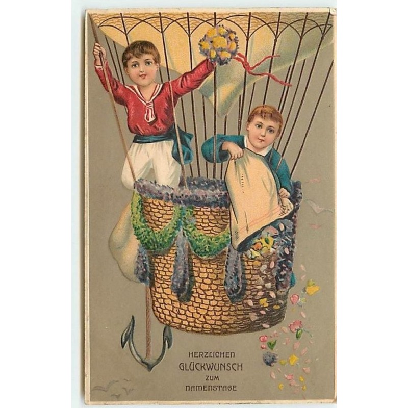 n°12634 - Carte Gaufrée - Herzlichen Glückwunsch zum namenstage - Garçons dans une nacelle dans un ballon
