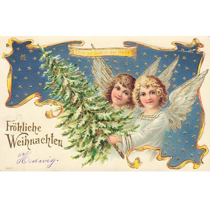n°25584 - Carte Gaufrée - Fröhliche Weihnachten - Anges avec un Sapin à la Main