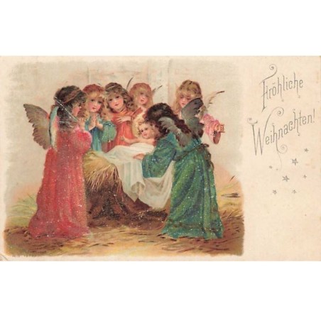 n°25585 - Carte avec Perles - Fröhliche Weihnachten - Anges autour du Petit Jésus