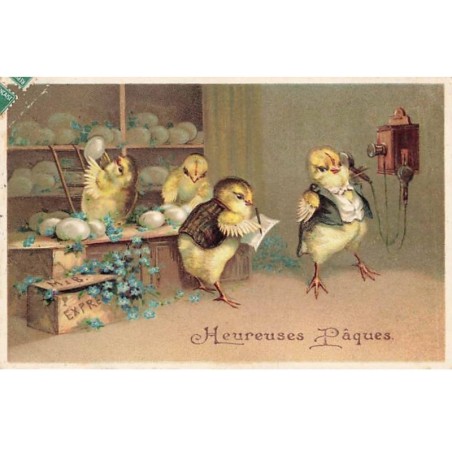 n°25588 - Carte Gaufrée - Heureuses Pâques - Poussins Habillés - Téléphone