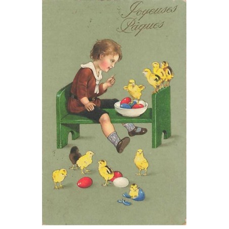 n°25589 - Joyeuses Pâques - Style Baumgarten - Enfant sur un banc avec des Poussins