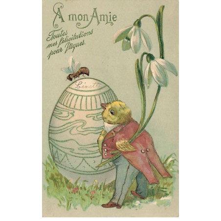n°25590 - Carte Gaufrée - Pâques - A mon Amie - Poussin Habillé - Abeille