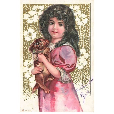 n°25600 - Fantaisie - Carte avec Paillettes - Fillette avec un chien dans les bras