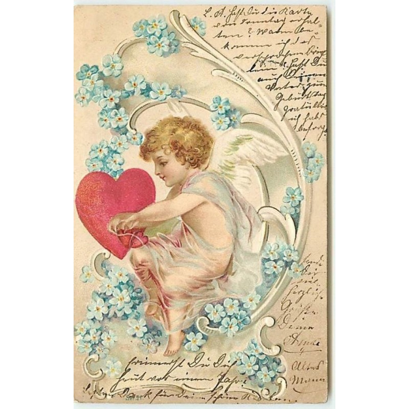 n°12636 - Carte Gaufrée - Clapsaddle - Angelot avec des coeurs