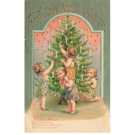 n°25616 - Carte Gaufrée - Fröhliche Weihnachten - Angelots décorant un sapin