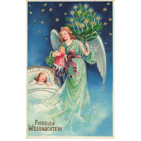 n°25617 - Carte légèrement Gaufrée - Fröhliche Weihnachten - Ange Gardien avec une poupée - Fillette dormant