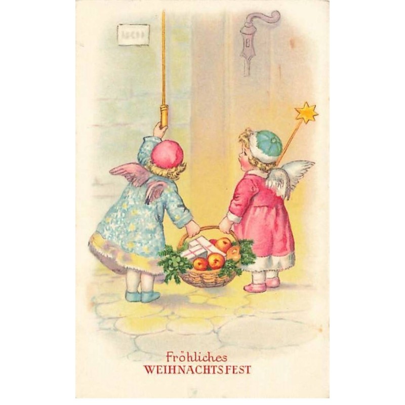 n°25620 - Fröhliche Weihnachten - Angelots avec une corbeille de cadeaux sonnant à une porte