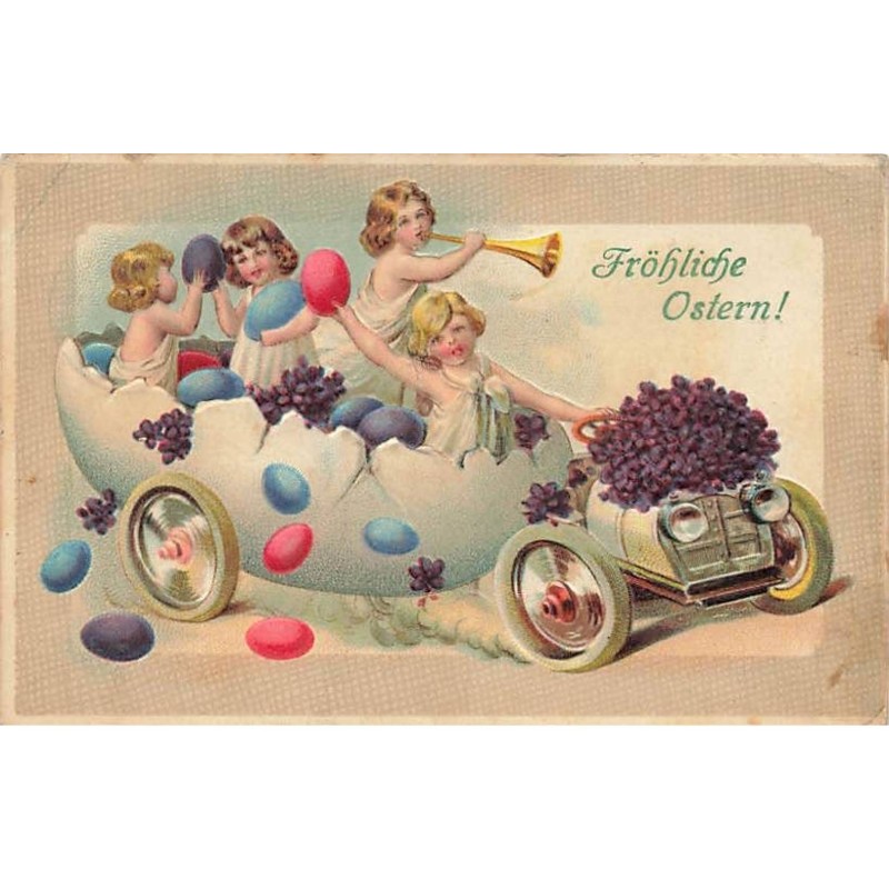 n°25627 - Carte Gaufrée - Fröhliche Ostern - Enfants dans une automobile / oeuf