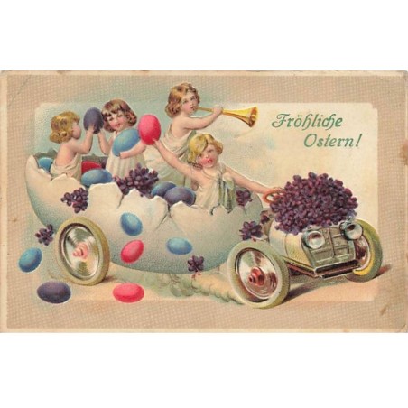 n°25627 - Carte Gaufrée - Fröhliche Ostern - Enfants dans une automobile / oeuf