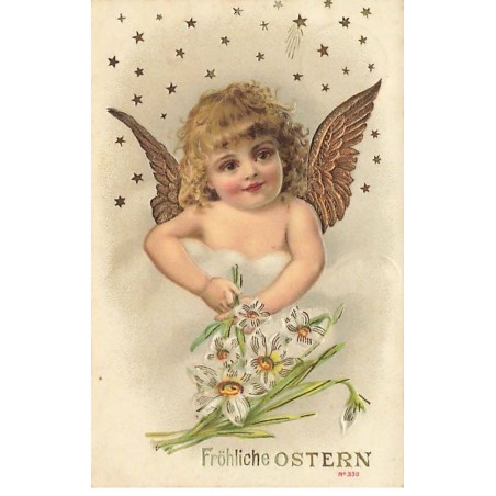 n°25628 - Carte Gaufrée - Fröhliche Ostern - Ange avec un bouquet de fleurs blanches