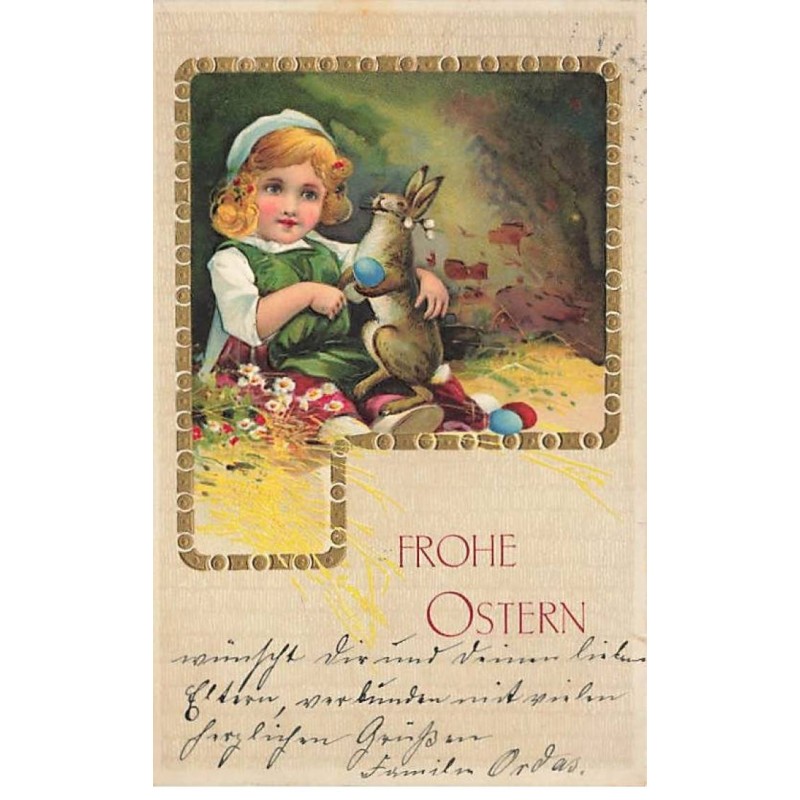 n°25632 - Carte Gaufrée - Frohe Ostern - Fillette assise avec un lapin sur les genoux