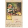 n°25632 - Carte Gaufrée - Frohe Ostern - Fillette assise avec un lapin sur les genoux