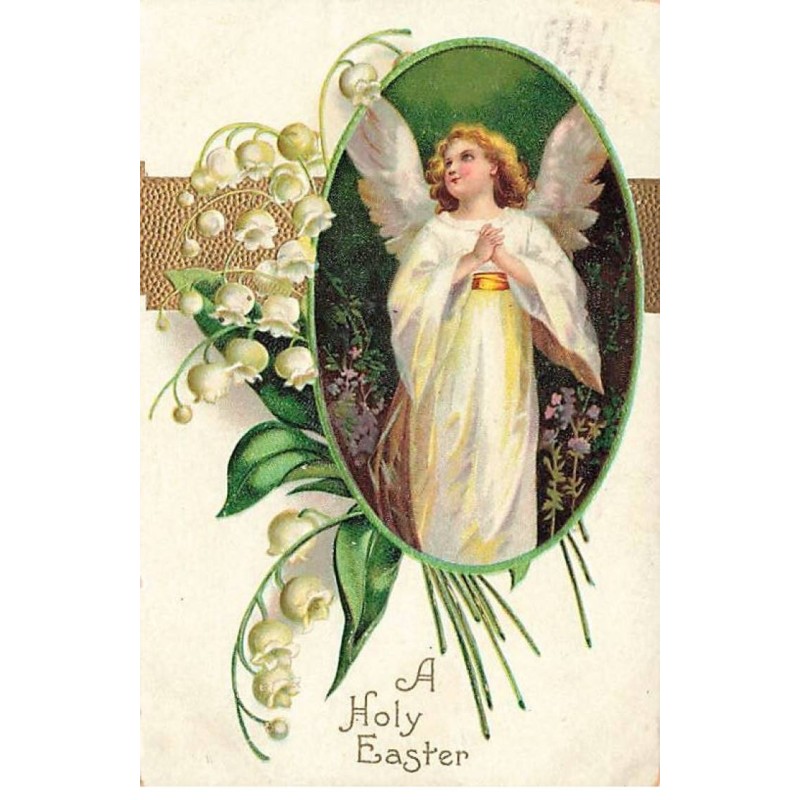 n°25633 - Carte Gaufrée - A Holy Easter - Clapsaddle - Ange Gardien dans un médaillon - Muguet