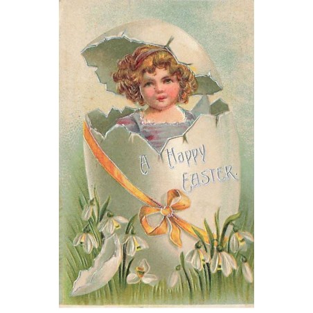 n°25634 - Carte Gaufrée - A Happy Easter - Fillette sortant d'un Oeuf - Perce Neige