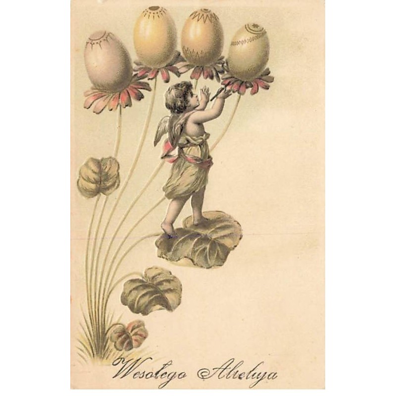 n°25636 - Pâques - Angelot sur une feuille décorant des oeufs