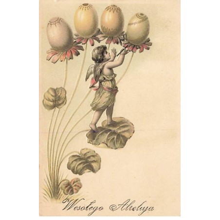 n°25636 - Pâques - Angelot sur une feuille décorant des oeufs