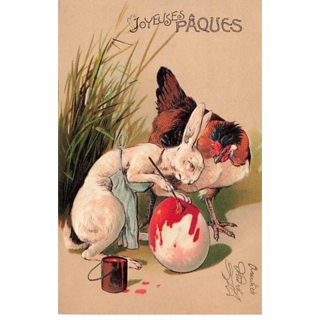 n°25637 - Carte Gaufrée - Joyeuses Pâques - Lapin décorant un oeuf, poule