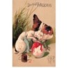 n°25637 - Carte Gaufrée - Joyeuses Pâques - Lapin décorant un oeuf, poule