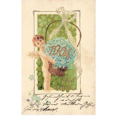 n°25640 - Carte Gaufrée - Bonne Année 1904 - Angelot avec une corbeille de myosotis