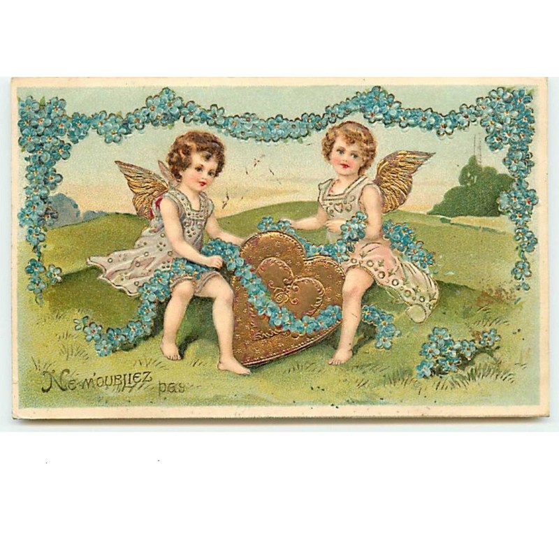n°12640 - Carte Gaufrée - Ne m'oubliez pas - Anges près de coeurs