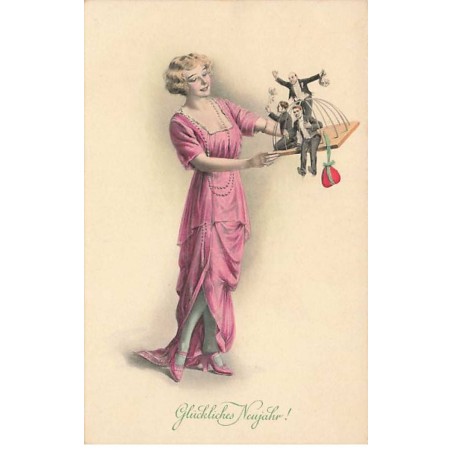n°25643 - Glückliches Neujahr - MM Vienne 900 - Femme ayant des hommes en cage - Surréalisme