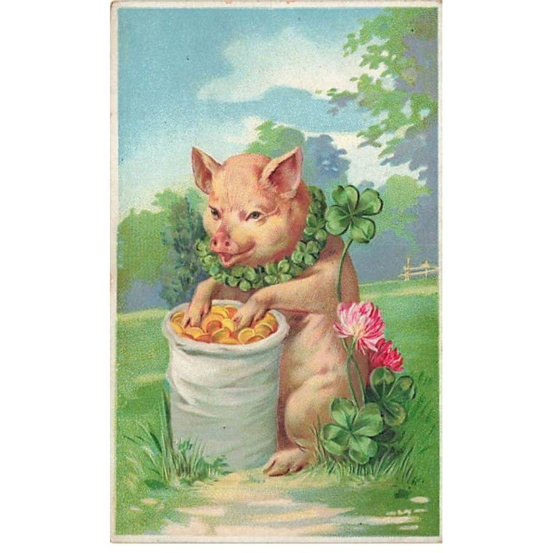 n°25648 - Carte Gaufrée - Cochon fouillant dans un sac de pièces d'or.