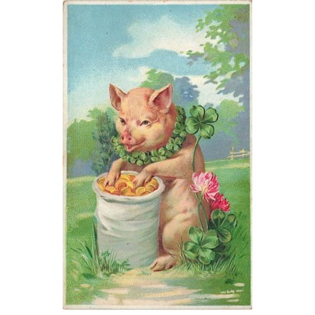 n°25648 - Carte Gaufrée - Cochon fouillant dans un sac de pièces d'or.