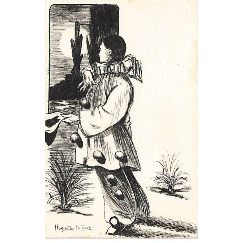 n°25654 - Illustrateur - Carte Peinte à la Main - Huguette Le Buet - Pierrot admirant un clair de lune