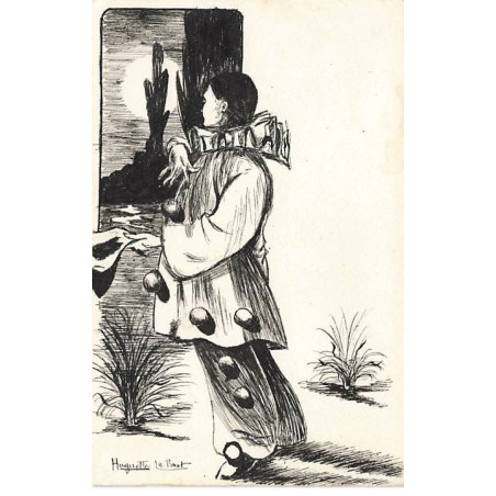 n°25654 - Illustrateur - Carte Peinte à la Main - Huguette Le Buet - Pierrot admirant un clair de lune