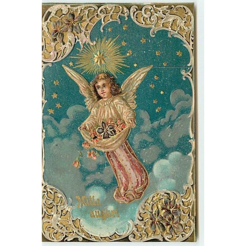 n°12641 - Carte Gaufrée - Mille Auguri - Ange apportant des fleurs