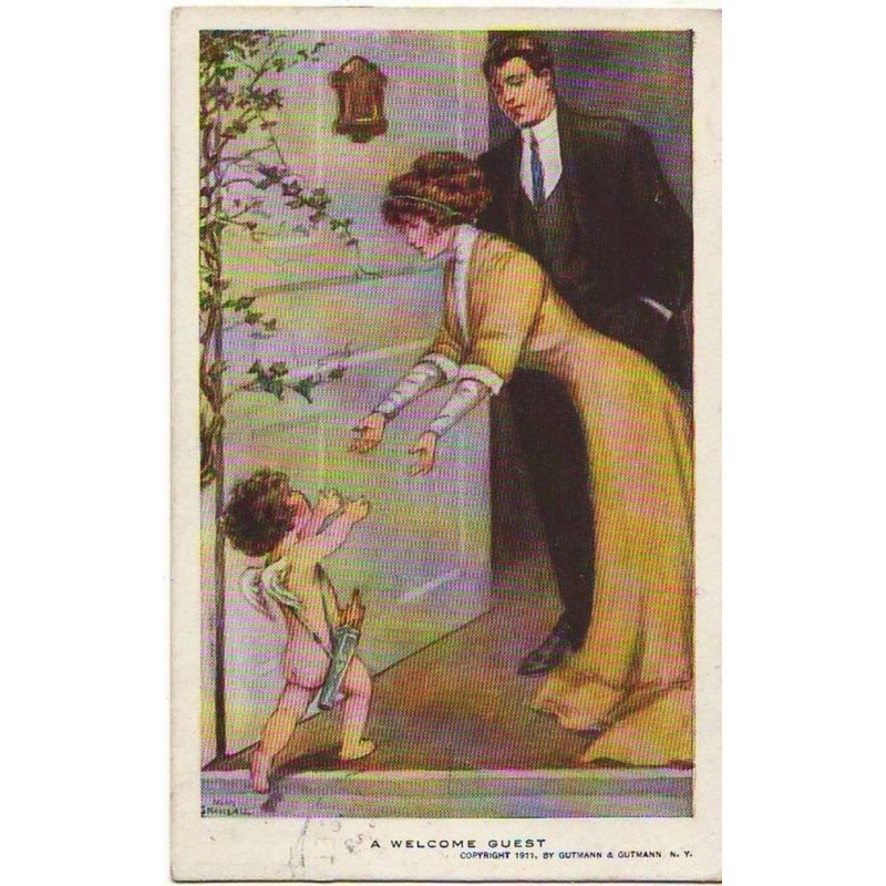 n°12642 - A Welcome Guest - Grimball - Cupidon courant dans les bras d'une jeune femme