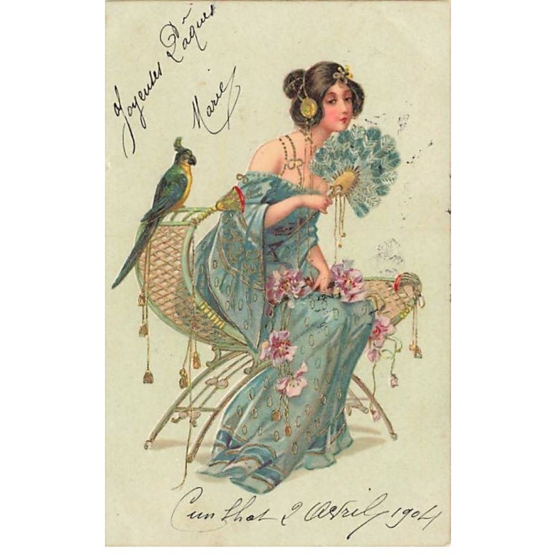 n°25671 - Fantaisie - Art Nouveau - Jeune femme tenant un éventail en plumes - Perroquet