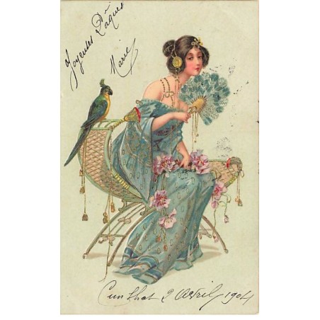 n°25671 - Fantaisie - Art Nouveau - Jeune femme tenant un éventail en plumes - Perroquet