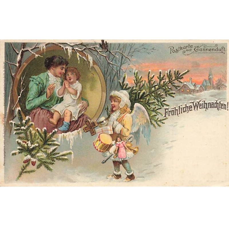 n°25678 - Fröhliche Weihnachten - Ange apportant un sapin et des cadeaux - Postkarte mit Tannenduft - Parfums