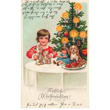n°25679 - Noël - Fröhliche Weihnachten - Garçon jouant avec Bonzo, une poupée et un chien