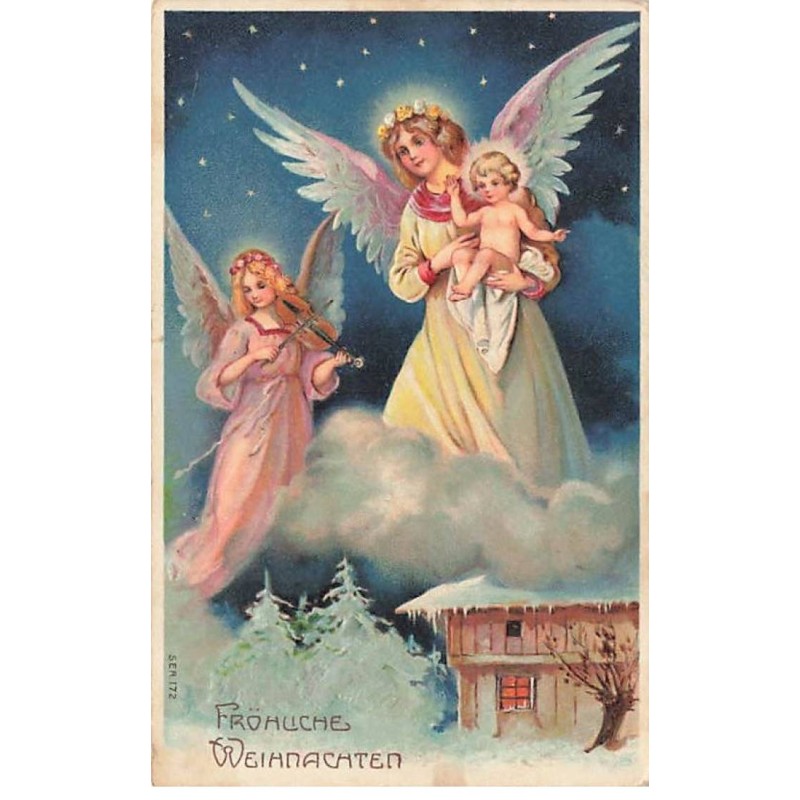 n°25680 - Carte Gaufrée - Fröhliche Weihnachten - Anges gardien l'un portant un bébé, l'autre jouant du violon