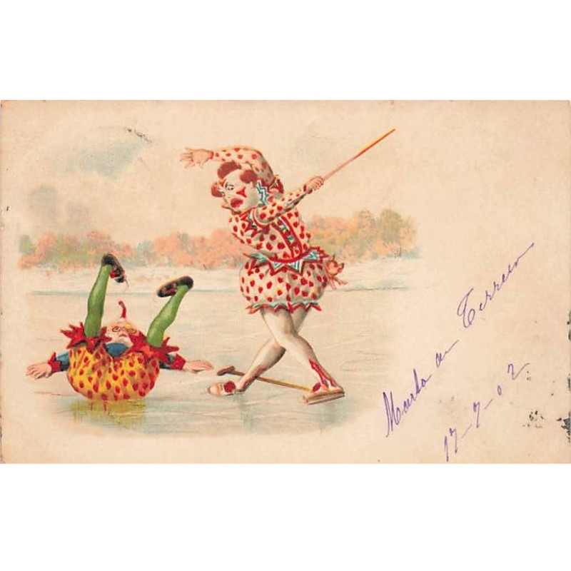 n°25686 - Carte Fantaisie - Clowns se faisant tomber sur des Patins à Glace