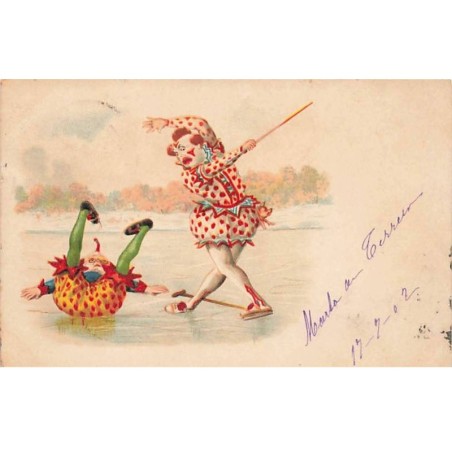 n°25686 - Carte Fantaisie - Clowns se faisant tomber sur des Patins à Glace