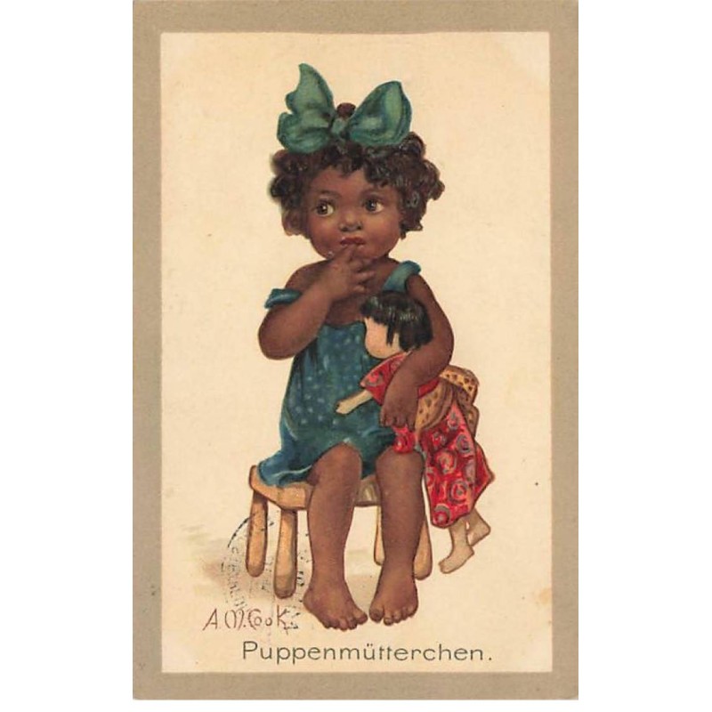 n°25691 - Carte Fantaisie - A.M. Cook - Jeune Fille Noire Assise avec sa Poupée
