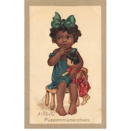 n°25691 - Carte Fantaisie - A.M. Cook - Jeune Fille Noire Assise avec sa Poupée
