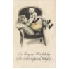 n°25696 - Carte Fantaisie - Fillette tenant un chat dans ses bras allongée dans un fauteuil