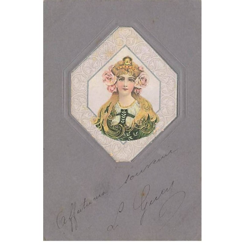 n°25701 - Fantaisie Gaufrée - Art Nouveau - Portrait d'une Jeune Femme blonde dans un Losange