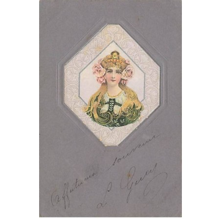 n°25701 - Fantaisie Gaufrée - Art Nouveau - Portrait d'une Jeune Femme blonde dans un Losange