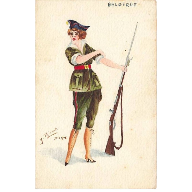n°25704 - Carte Peinte à la Main - Thiriot - Belgique - Femme en uniforme de soldat Belge