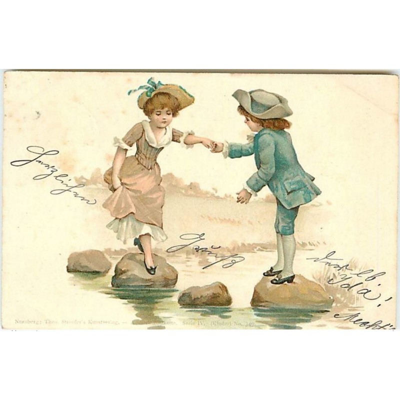 n°12649 - Théo Stroefer's - Jeune homme aidant une jeune femme à traverser une rivière