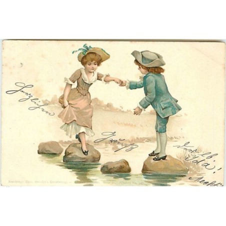 n°12649 - Théo Stroefer's - Jeune homme aidant une jeune femme à traverser une rivière