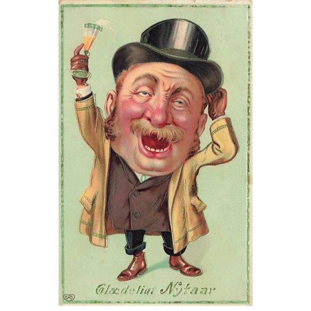 n°25727 - Carte Gaufrée - Nouvel An - Homme avec une grosse tête trinquant