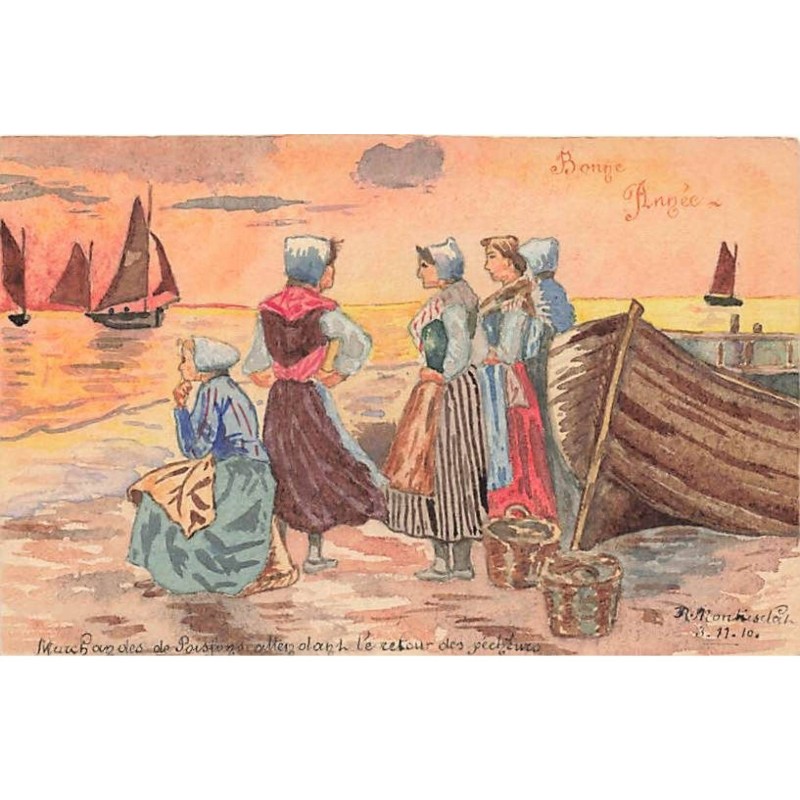 n°25728 - Carte Peinte à la Main - Nouvel An - Marchandes de Poissons attendant le retour des Pêcheurs