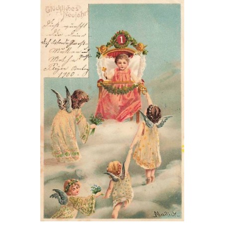 n°25729 - Nouvel An - Perles - Illustrateur Mailick - Anges apportant des cadeaux à un bébé